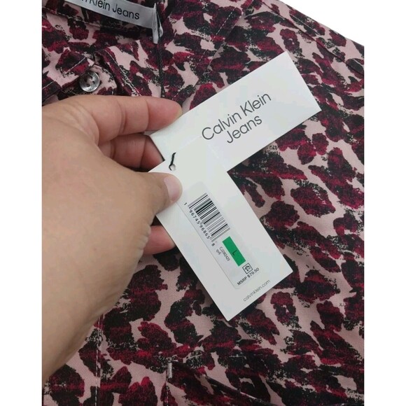 Calvin Klein Jeans Women’s Shirt long Sleeve Button Up Red Animal Print Sz L New - Picture 4 of 13